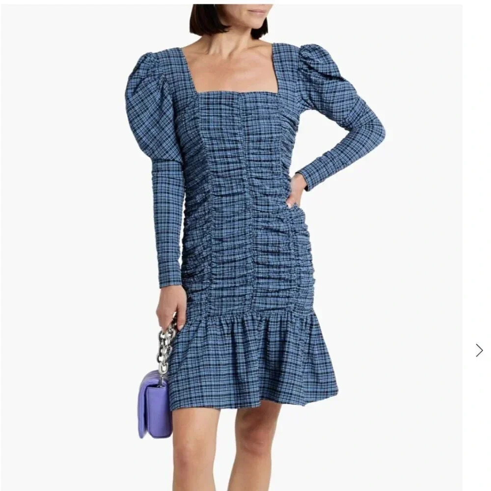 Ganni Mini DressRuched Checked Stretch Seersucker Blue Black New Size 34 US 4